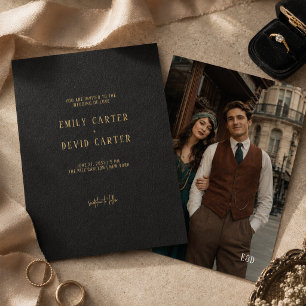 Vintage Classic Elegant Black Gold Photo Wedding Invitation