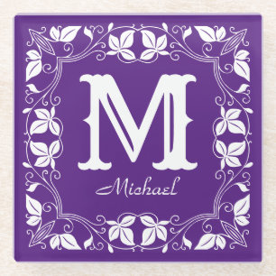 Vintage Classic Floral Personalised Monogram Name  Glass Coaster