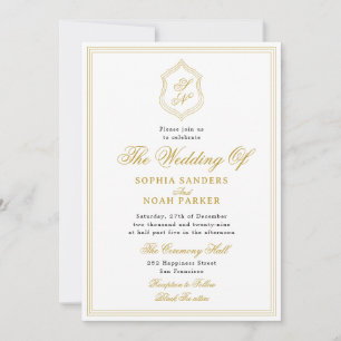 Vintage classic gold crest monogram white wedding invitation