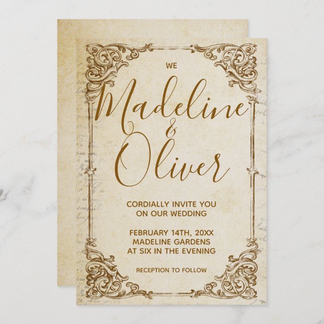 Vintage Classic Golden Frame Wedding Invitation (Front/Back)