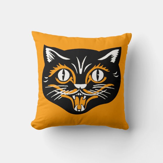 Vintage Classic Halloween Black Cat Face Fangs Cushion (Front)