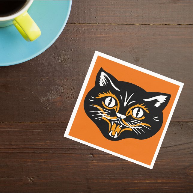 Vintage Classic Halloween Black Cat Face Fangs Napkin (Vintage Halloween black cat smiling face orange white accents on deep orange Halloween napkins.)