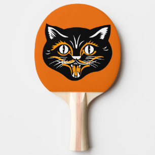 Vintage Classic Halloween Black Cat Face Fangs Ping Pong Paddle