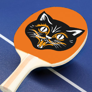 Vintage Classic Halloween Black Cat Face Fangs Ping Pong Paddle