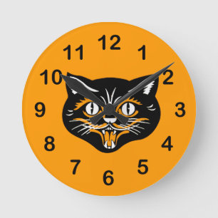 Vintage Classic Halloween Black Cat Face Fangs Round Clock