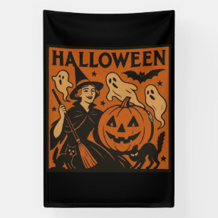 Vintage, classic Halloween witch, ghost & pumpkins Banner