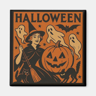 Vintage, classic Halloween witch, ghost & pumpkins Magnet