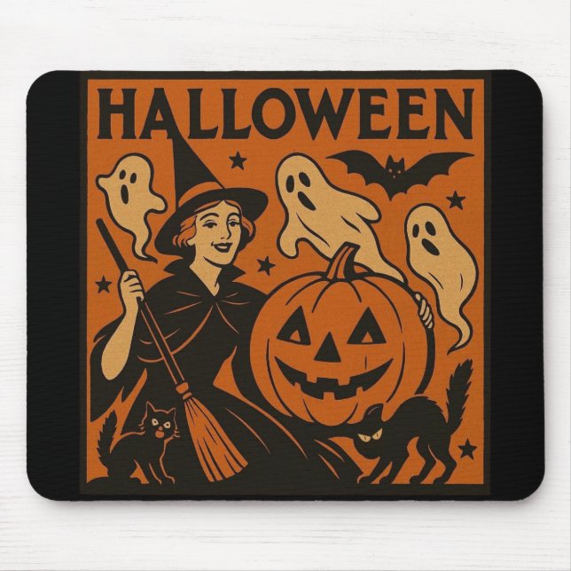 Vintage, classic Halloween witch, ghost & pumpkins Mouse Pad (Front)
