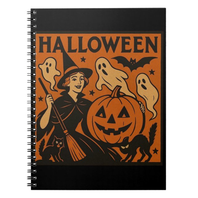Vintage, classic Halloween witch, ghost & pumpkins Notebook (Front)