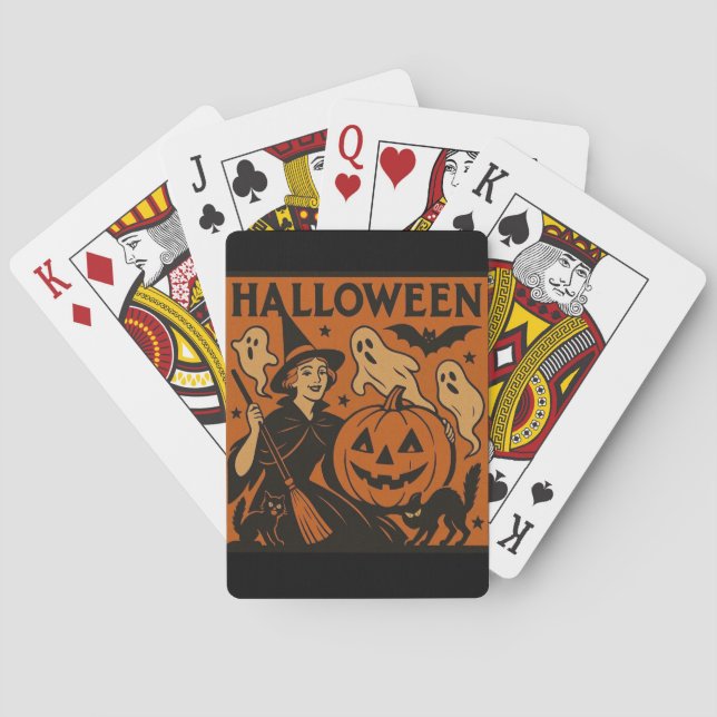 Vintage, classic Halloween witch, ghost & pumpkins Playing Cards (Back)