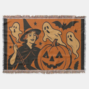 Vintage, classic Halloween witch, ghost & pumpkins Throw Blanket