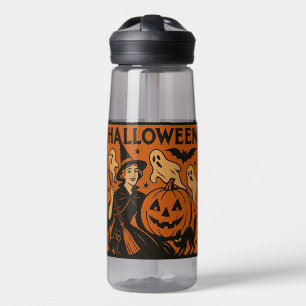 Vintage, classic Halloween witch, ghost & pumpkins Water Bottle