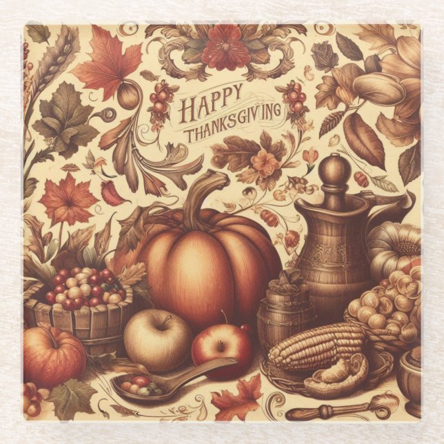Vintage/Classic Happy Thanksgiving Glass Coaster (Front)