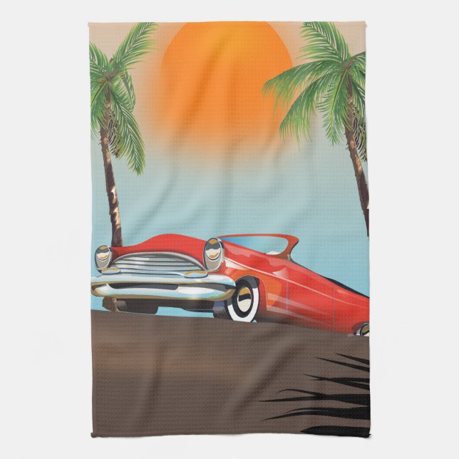 Vintage Classic Red Car In Paradise Tea Towel (Vertical)