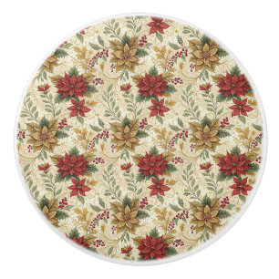 Vintage Classic Red & Gold Poinsettia Floral Ceramic Knob