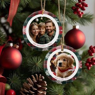 Vintage Classic red Snowflakes Family 2 Photos Ceramic Tree Decoration