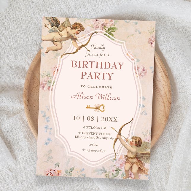 Vintage classic romantic angels birthday invitation (Creator Uploaded)