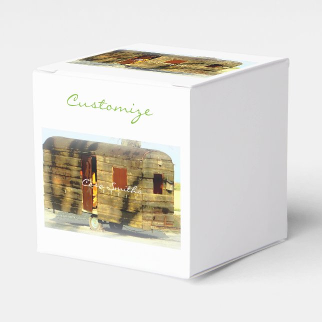 Vintage classic weathered wood caravan favour box (Front Side)