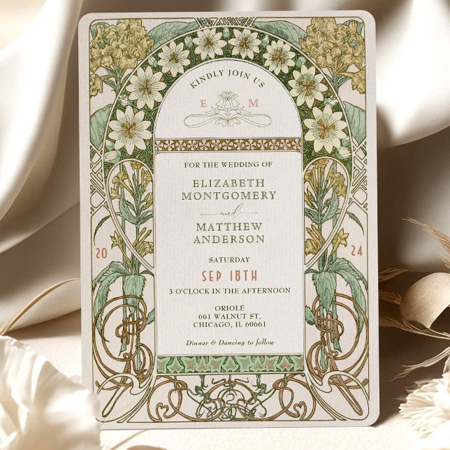 Vintage Clematis & Primrose Art Nouveau Wedding Invitation (Creator Uploaded)