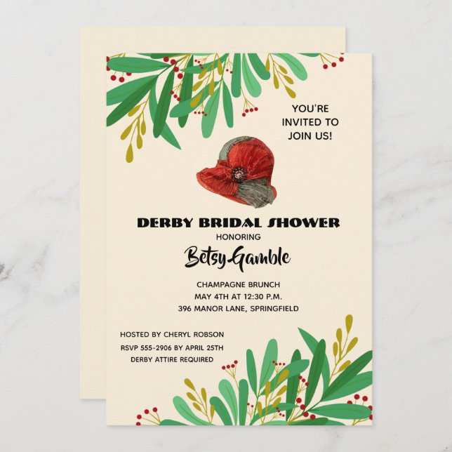 Vintage Cloche Derby Bridal Shower Invitation (Front/Back)