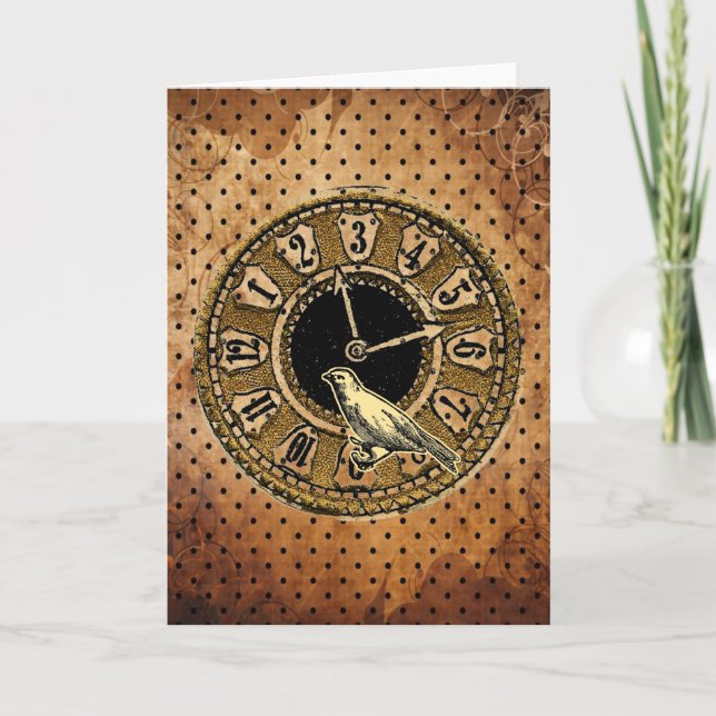 Vintage Clock and Bird Greeting Card (Front)