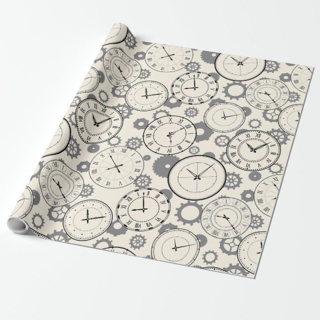 Vintage Clock and Gear Pattern Wrapping Paper (Unrolled)