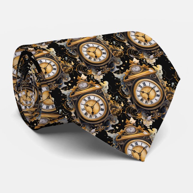 Vintage Clock Face Steampunk Neck Tie (Rolled)
