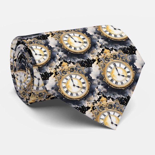 Vintage Clock Face Steampunk Neck Tie (Rolled)