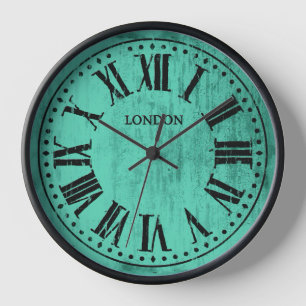 Vintage Clock Roman Numerals Aqua Black