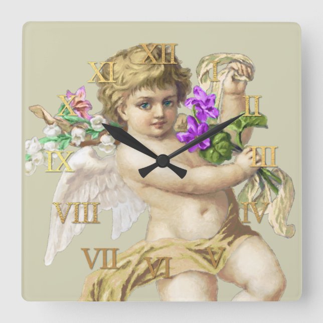 Vintage Clock Roman Numerals Cherub Gold (Front)