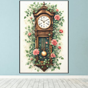 Vintage Clock Surrounded by Roses and Vines Canvas Print