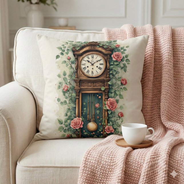 Vintage Clock Surrounded by Roses and Vines Cushion (Vintage Clock Surrounded by Roses and Vines Throw Pillow Mockup A)