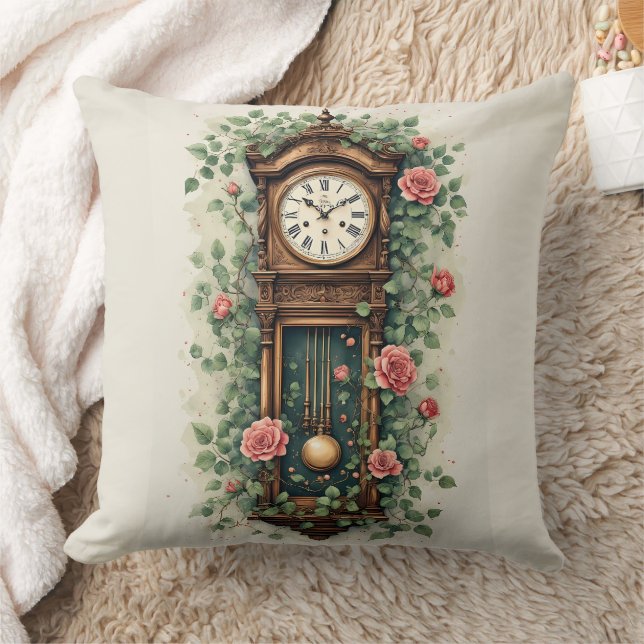 Vintage Clock Surrounded by Roses and Vines Cushion (Blanket)