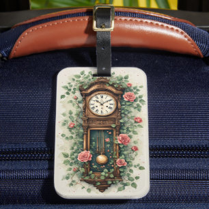 Vintage Clock Surrounded by Roses and Vines Luggage Tag