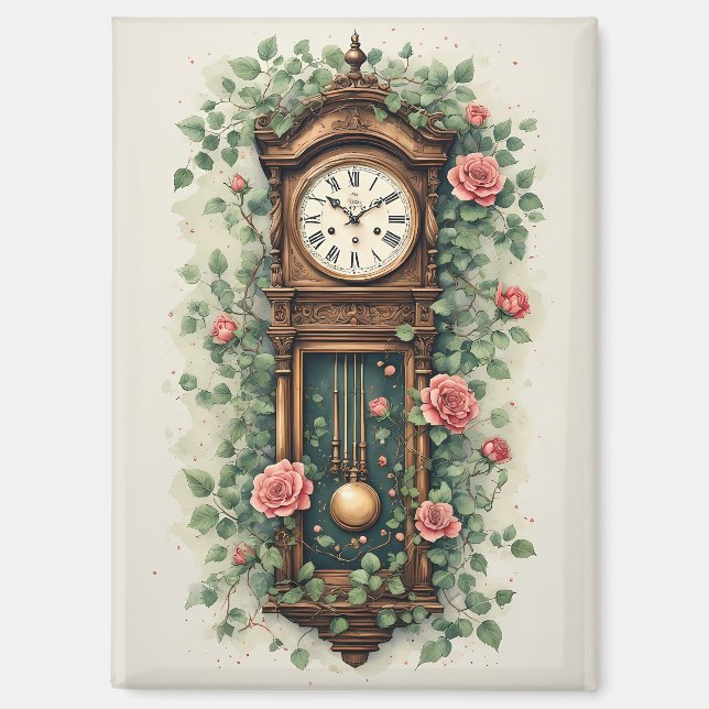 Vintage Clock Surrounded by Roses and Vines Magnet (Front)