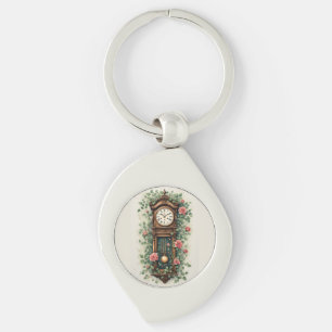 Vintage Clock Surrounded by Roses and Vines Metal  Key Ring