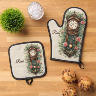 Vintage Clock Surrounded by Roses and Vines Oven Mitt & Pot Holder Set