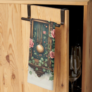 Vintage Clock Surrounded by Roses and Vines Tea Towel