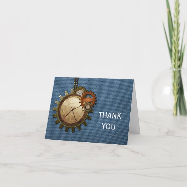 Vintage Clock Thank You Card, Blue Card (Front)