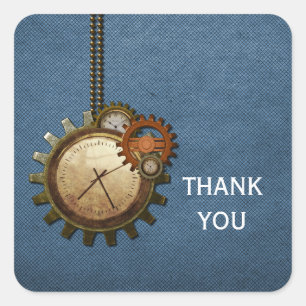 Vintage Clock Thank You Stickers, Blue Square Sticker