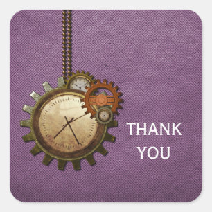 Vintage Clock Thank You Stickers, Purple Square Sticker