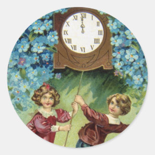 Vintage Clock Turns Midnight Classic Round Sticker