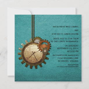 Vintage Clock Wedding Invitation, Turquoise Invitation