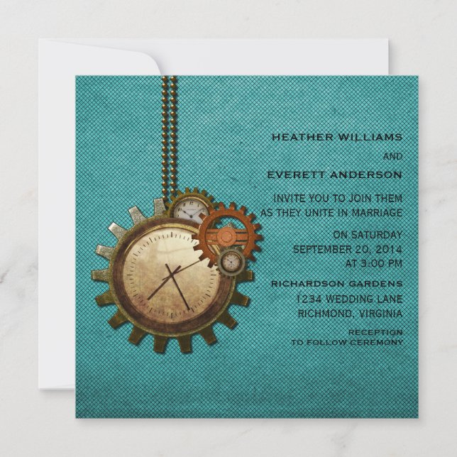Vintage Clock Wedding Invitation, Turquoise Invitation (Front)