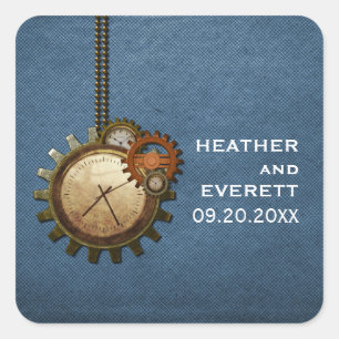Vintage Clock Wedding Stickers, Blue Square Sticker