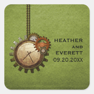 Vintage Clock Wedding Stickers, Green Square Sticker