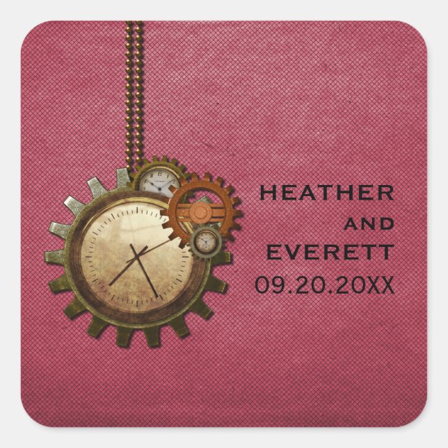 Vintage Clock Wedding Stickers, Pink Square Sticker (Front)