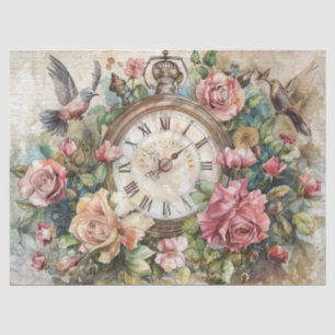 Vintage Clock with Birds and Roses Decoupage Tissue Paper