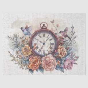 Vintage Clock with Birds and Roses Decoupage Tissue Paper