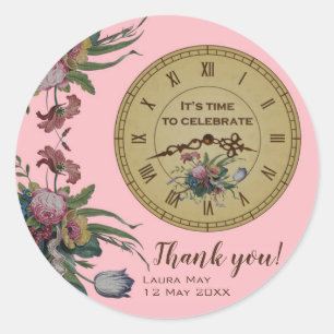 Vintage Clock with Flowers Birthday Party Classic Round Sticker